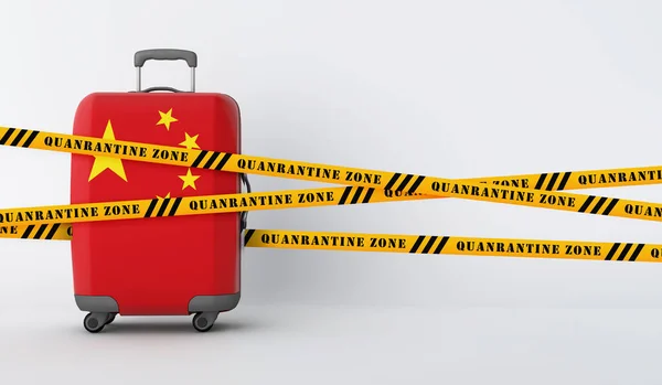 Čína cestovní kufr pokrytý karanténní páskou. 3D vykreslení — Stock fotografie