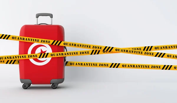 Tunisko cestovní kufr pokrytý karanténní páskou. 3D vykreslení — Stock fotografie