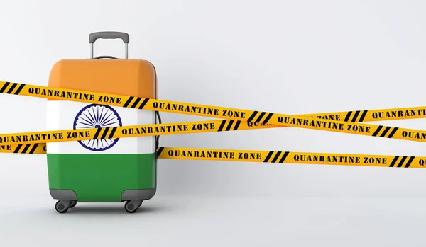 Valise de voyage Inde recouverte de ruban de quarantaine. Expéditeur 3D — Photo