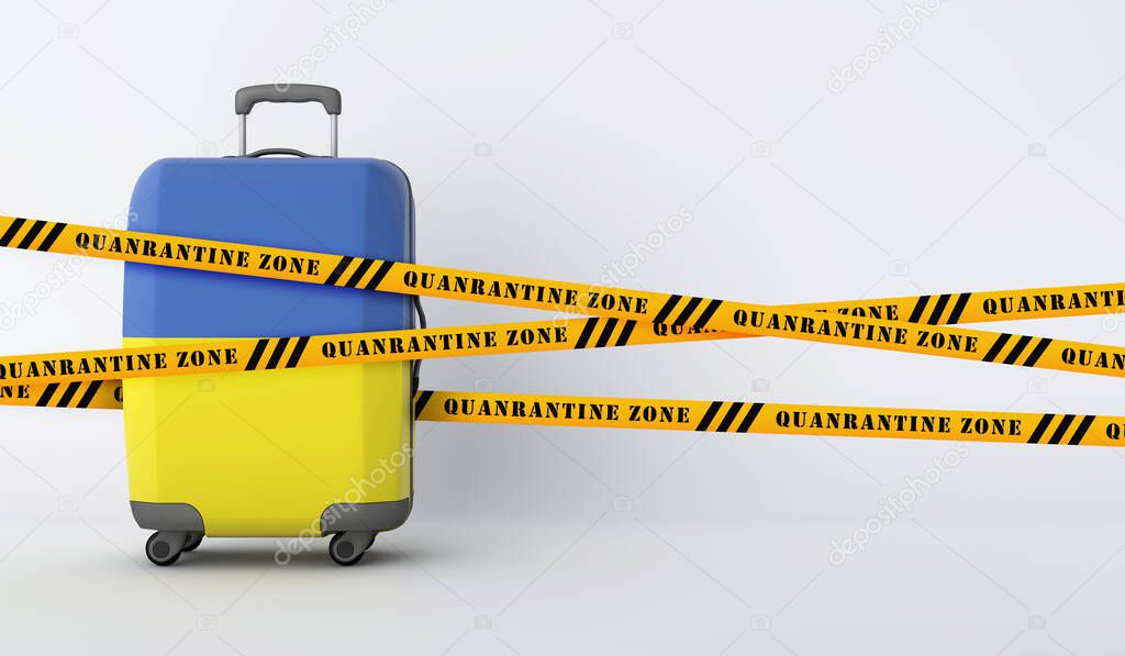 Ukraine travel suitcase covered with quarantine tape. 3D Render