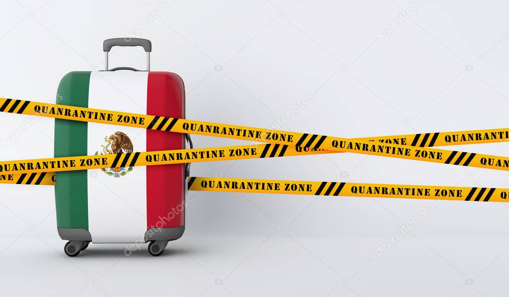 Mexico travel suitcase covered with quarantine tape. 3D Render