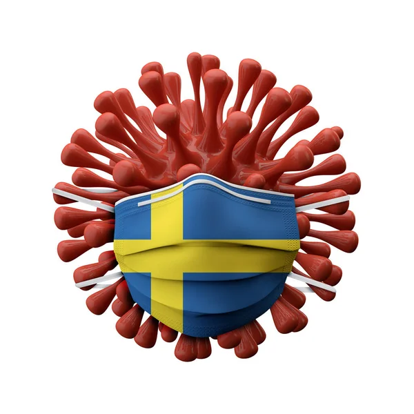Suecia bandera máscara protectora en una bacteria del virus. Renderizado 3D — Foto de Stock