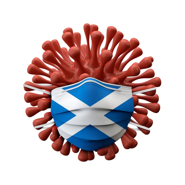 Escocia bandera máscara protectora en una bacteria del virus. Renderizado 3D — Foto de Stock