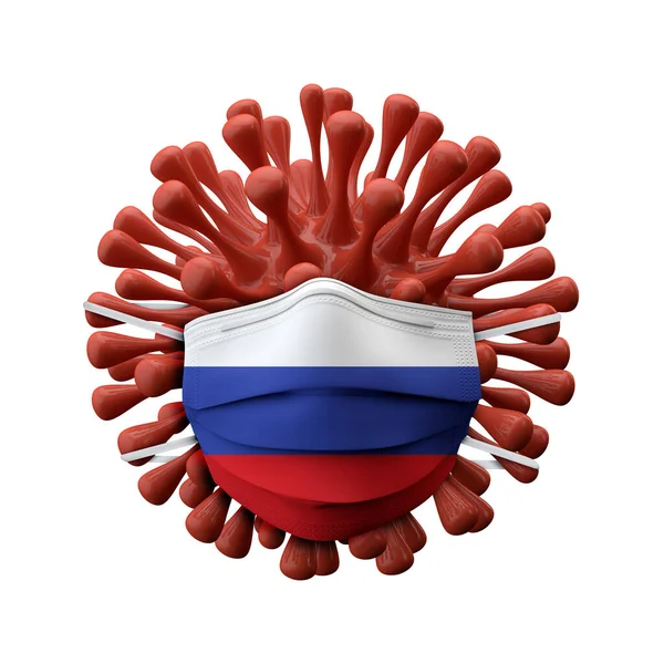 Russia flag protective mask on a virus bacteria. 3D Render — Stock Photo, Image