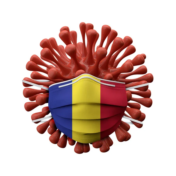 Romania flag protective mask on a virus bacteria. 3D Render — Stock Photo, Image