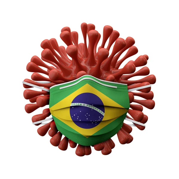 Brazil flag protective mask on a virus bacteria. 3D Render — Stock Photo, Image