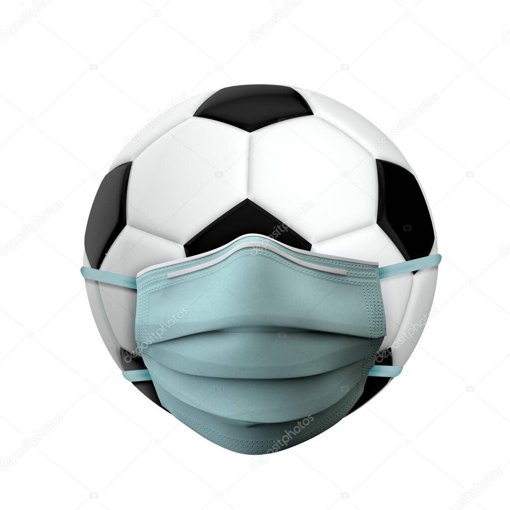Football sports ball wearing a medical protective mask. 3D Render