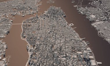 New York şehir haritası 3D görüntüleme. Hava uydu görüntüsü.