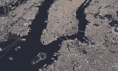 New York şehir haritası 3D görüntüleme. Hava uydu görüntüsü.