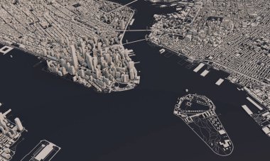New York şehir haritası 3D görüntüleme. Hava uydu görüntüsü.