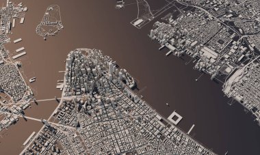 New York şehir haritası 3D görüntüleme. Hava uydu görüntüsü.