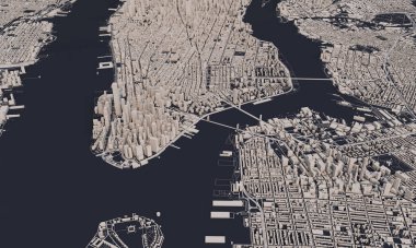 New York şehir haritası 3D görüntüleme. Hava uydu görüntüsü.