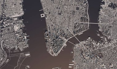 New York şehir haritası 3D görüntüleme. Hava uydu görüntüsü.