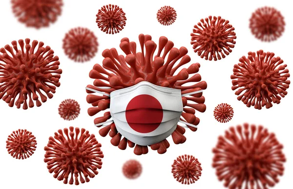 Japan flag protective mask on a virus bacteria. 3D Render — Stock Photo, Image