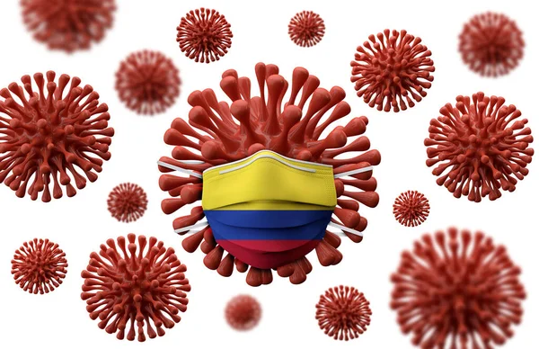 Colombia vlag beschermende masker op een virus bacterie. 3d Render — Stockfoto