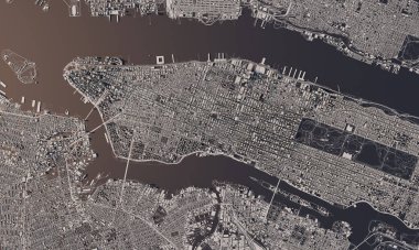New York şehir haritası 3D görüntüleme. Hava uydu görüntüsü.