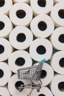 Tuvalet kağıdı rulolarının arka planında süpermarket alışverişi