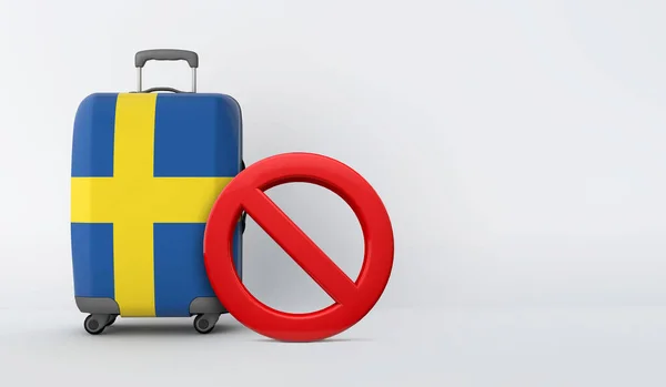 Maleta de bandera de Suecia sin señal de entrada. Concepto de prohibición de viaje. Renderizado 3D — Foto de Stock