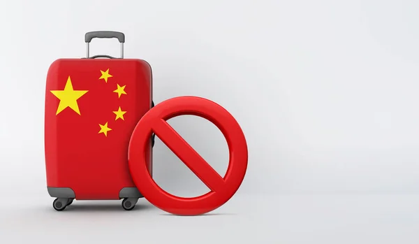 Maleta con bandera china sin señal de entrada. Concepto de prohibición de viaje. Renderizado 3D —  Fotos de Stock