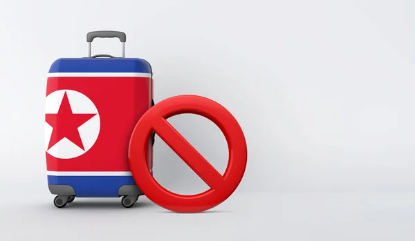 Észak-Korea zászlós bőrönd, belépő jel nélkül. Utazási tilalom. 3D Render — Stock Fotó