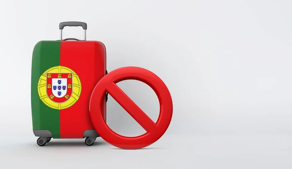 Чемодан с флагом Португалии без входного знака. Концепция запрета на поездки. 3D Render — стоковое фото