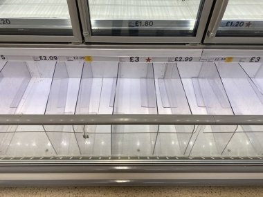 OXFORD, UK - March 16th 2020: Empty supermarket shelves at a local grocery store as people prepare for coronavirus lockdown