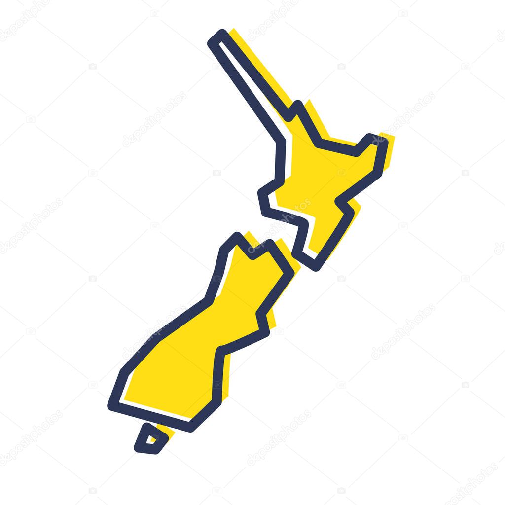 Stylized simple yellow outline map of New Zealand