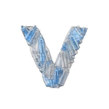 Plastik şişelerden V harfi. Plastik geri dönüşüm yazı tipi. 3B Hazırlama