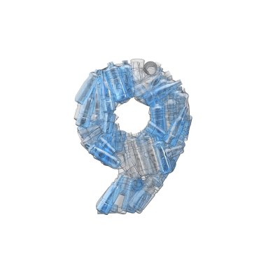 Plastik şişelerden 9 numara. Plastik geri dönüşüm yazı tipi. 3B Hazırlama