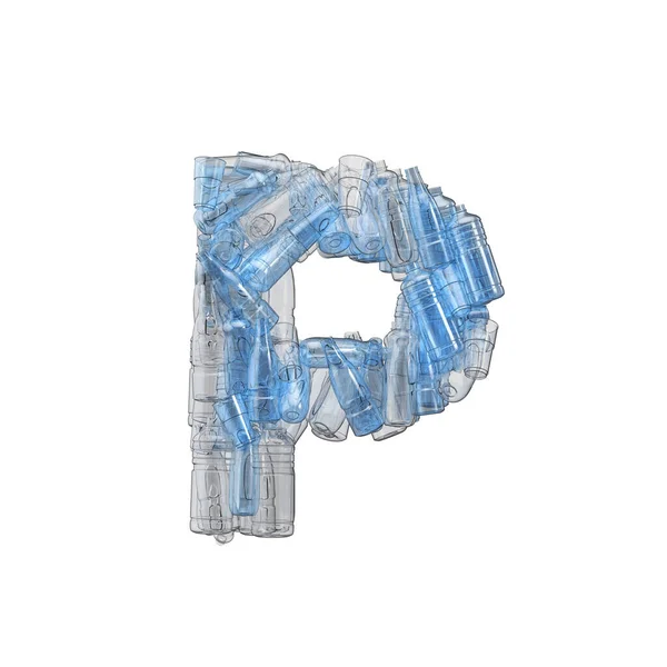 Brief P gemaakt van plastic flessen. Plastic recycling lettertype. 3D-weergave — Stockfoto