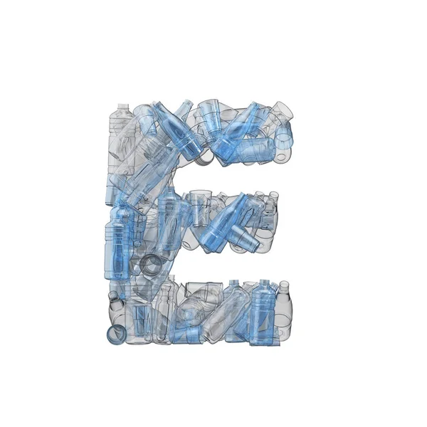 Letter E made from plastic bottles. Plastic recycling font. 3D Rendering — Stock Photo, Image