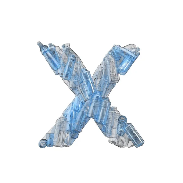 Bokstav X tillverkad av plastflaskor. Teckensnitt för plaståtervinning. 3D-återgivning — Stockfoto