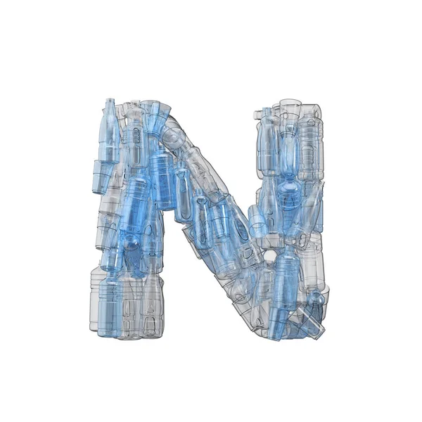 Letra N hecha de botellas de plástico. Fuente de reciclaje de plástico. Renderizado 3D — Foto de Stock