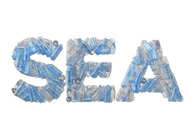 Deniz kelimesi boş plastik şişe yazıtipiyle yazılıyor..