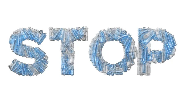 Stop woord gespeld in lege plastic fles lettertype. — Stockfoto