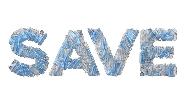 Save word spelt out in empty plastic bottle font. — Stock Photo, Image