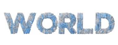 Dünya kelimesi boş plastik şişe yazıtipiyle heceleniyor.