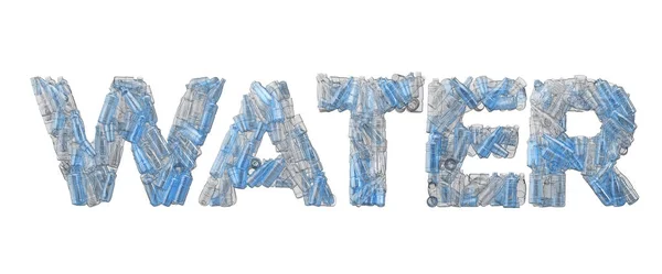 Palavra água soletrada em garrafa de plástico vazio fonte . — Fotografia de Stock