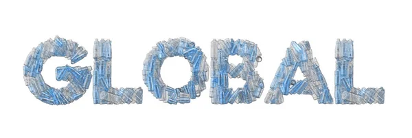 Global word spelt out in empty plastic bottle font. — Stock Photo, Image