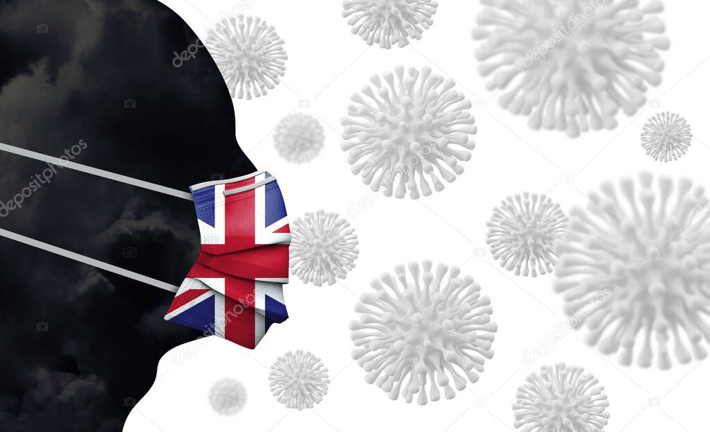 United Kingdom coronavirus outbreak. Face with protective mask. 3D Render