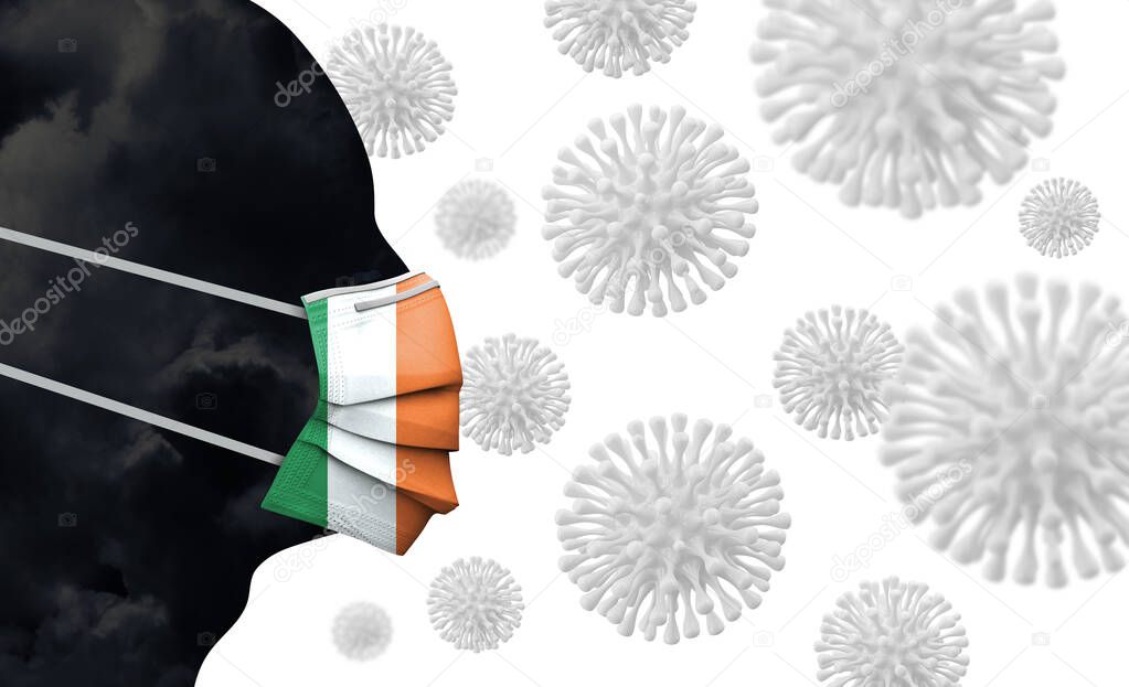 Ireland coronavirus outbreak. Face with protective mask. 3D Render