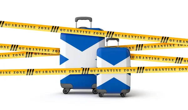 Maleta de bandera de Escocia cubierta con cinta de zona de cuarentena. Renderizado 3D — Foto de Stock