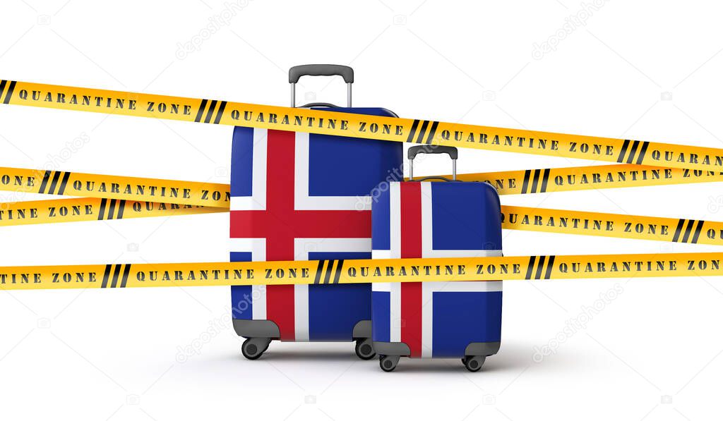 Iceland flag suitcase covered in quarantine zone tape. 3D Render
