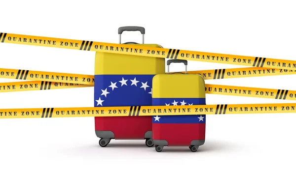 Valigia della bandiera venezuelana coperta da nastro della zona di quarantena. Render 3D — Foto Stock
