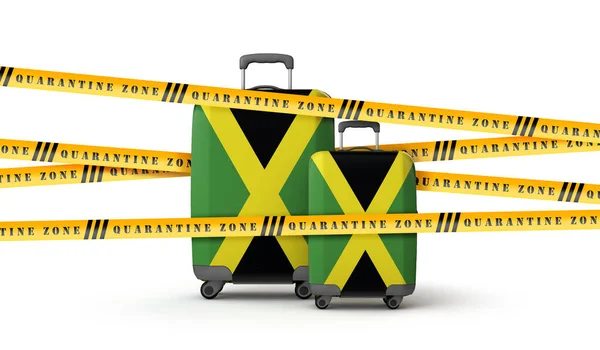 Maleta de bandera de Jamaica cubierta con cinta de zona de cuarentena. Renderizado 3D — Foto de Stock
