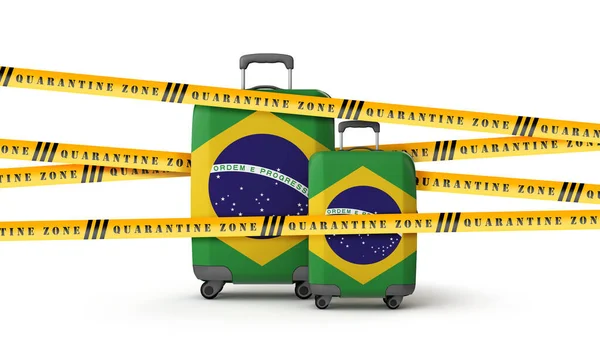 Brasilien Flagge Koffer mit Quarantäne-Zone Band bedeckt. 3D Render — Stockfoto