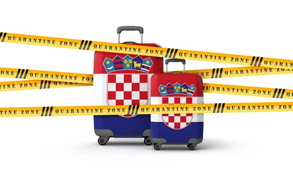 Валіза прапора Хорватії покрита карантинною стрічкою. 3D Render — стокове фото