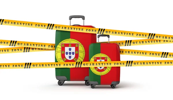 Mala de bandeira de Portugal coberta por fita de quarentena. Renderização 3D — Fotografia de Stock