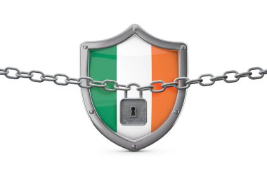 İrlanda tecrit konsepti. Kalkanlarda kilit ve zincir var. 3B Hazırlama