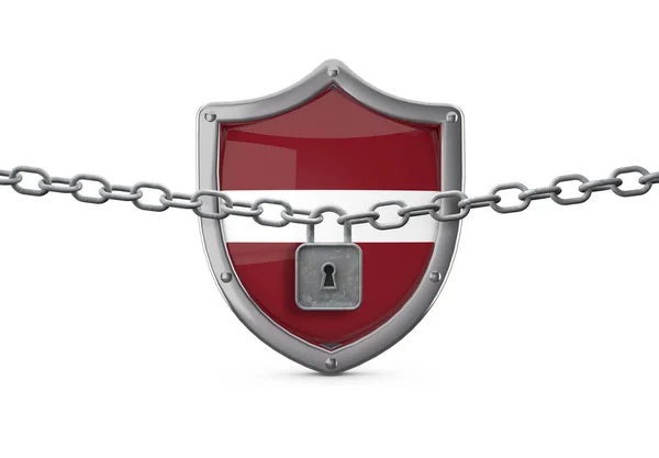 Latvia lockdown concept. Shield with lock and chain. 3D Render — Stock Photo, Image